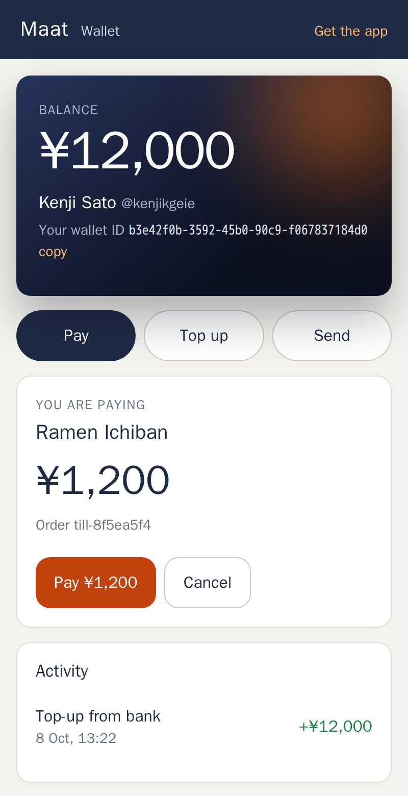 The Maat wallet asking to confirm a payment of 1,200 yen to Ramen Ichiban